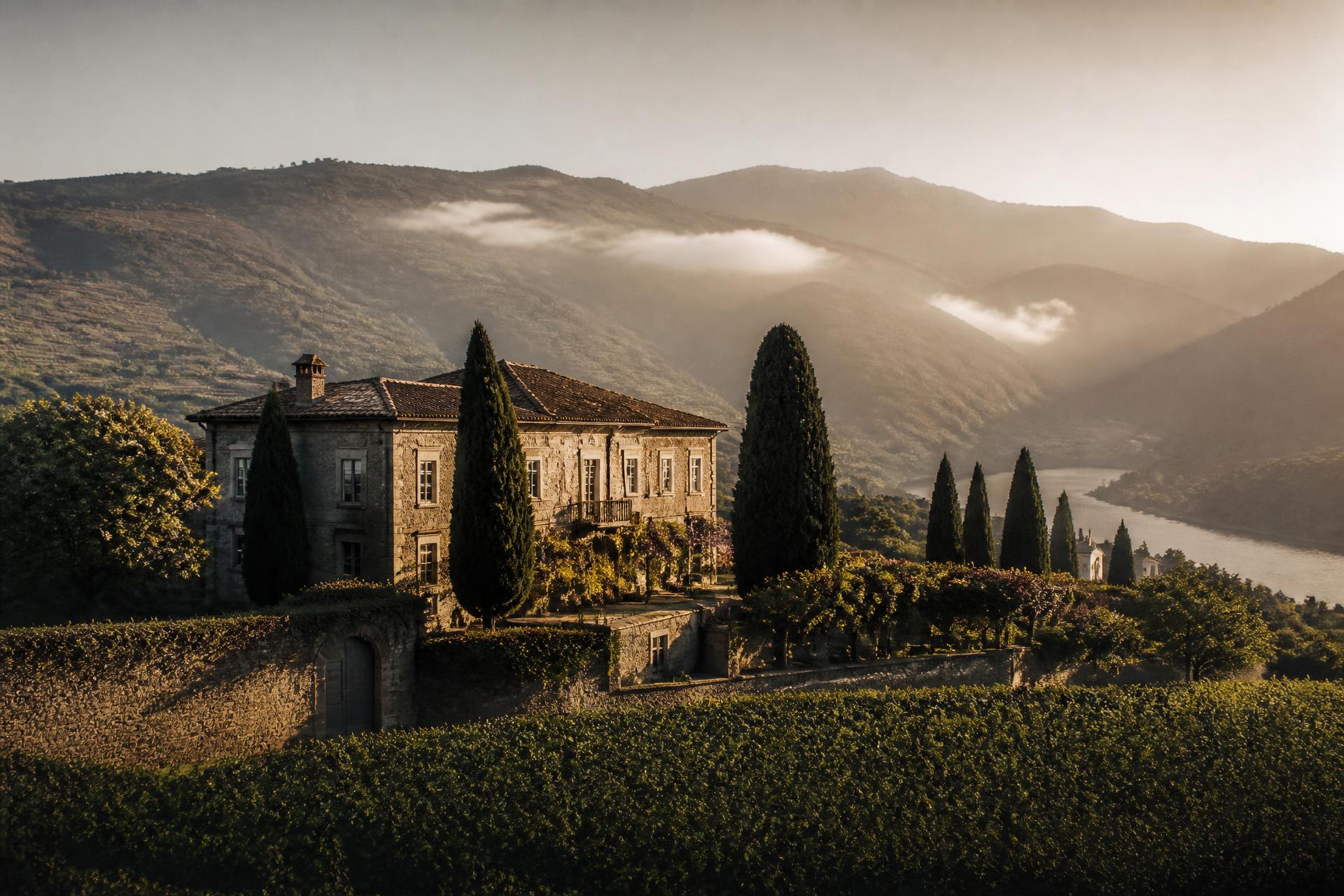 Historic Portuguese estate surrounded by vineyards at golden hour